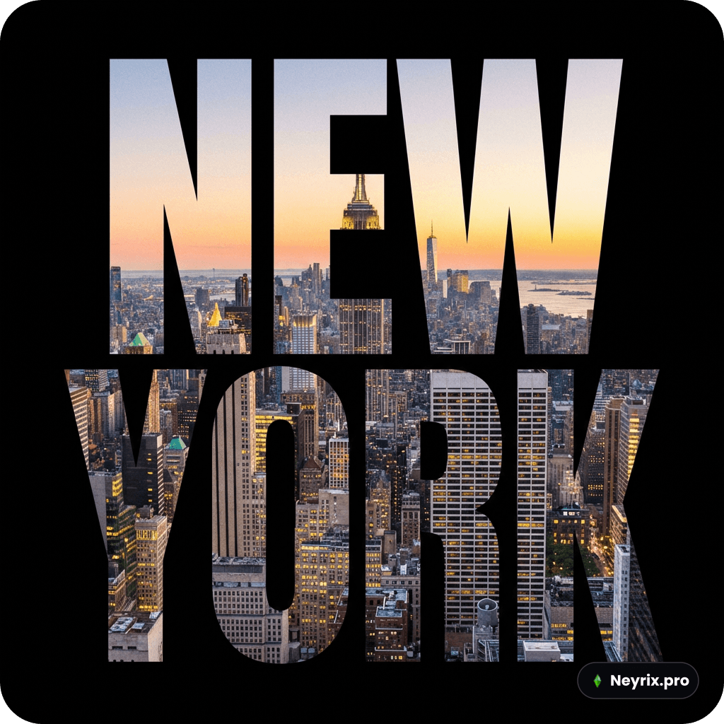 Типографический постер: надпись New York как вырез с видом на скайлайн города, NanoBanana 2