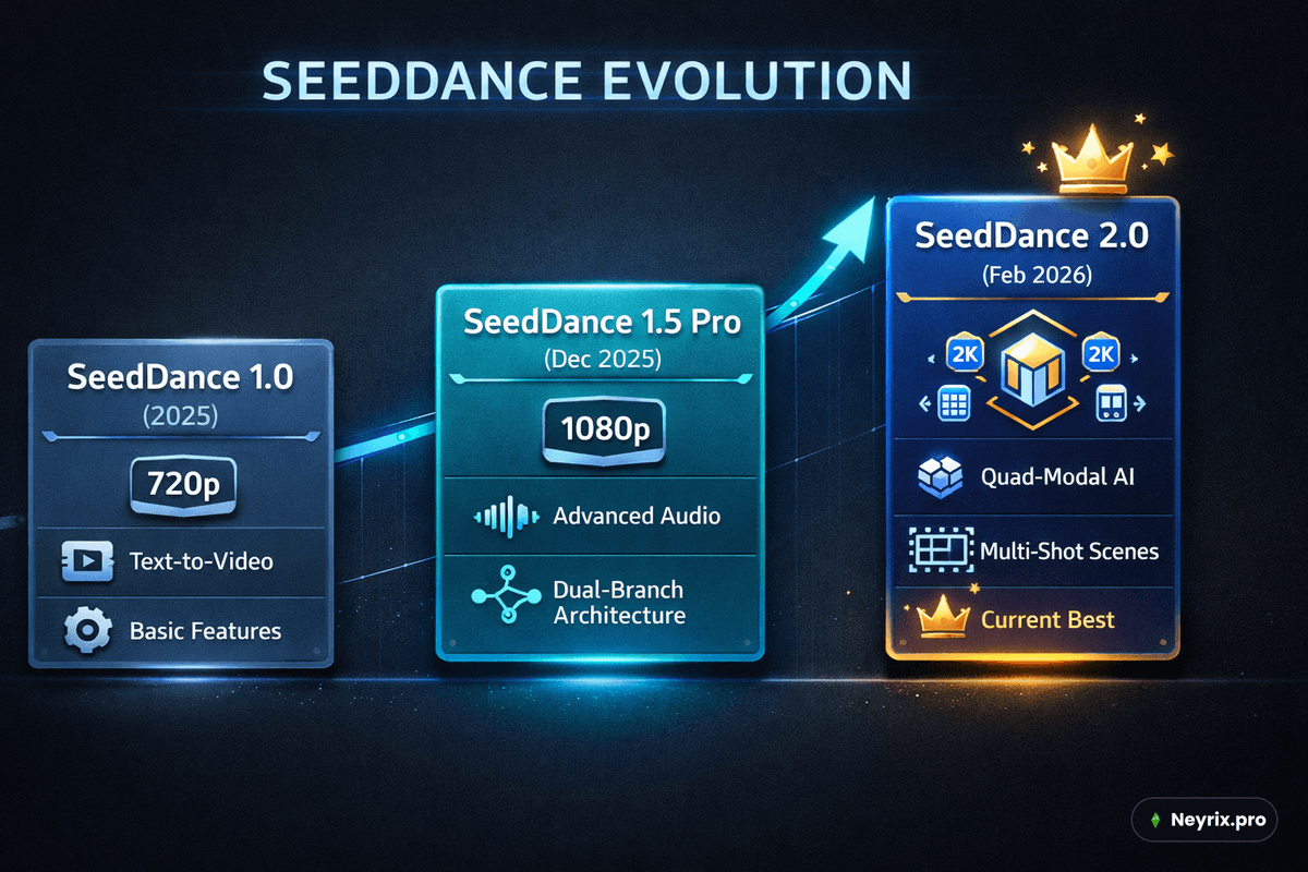 Эволюция Seedance от версии 1.0 до 2.0: таймлайн ключевых функций — 720p, 1080p, 2K, мультимодальность