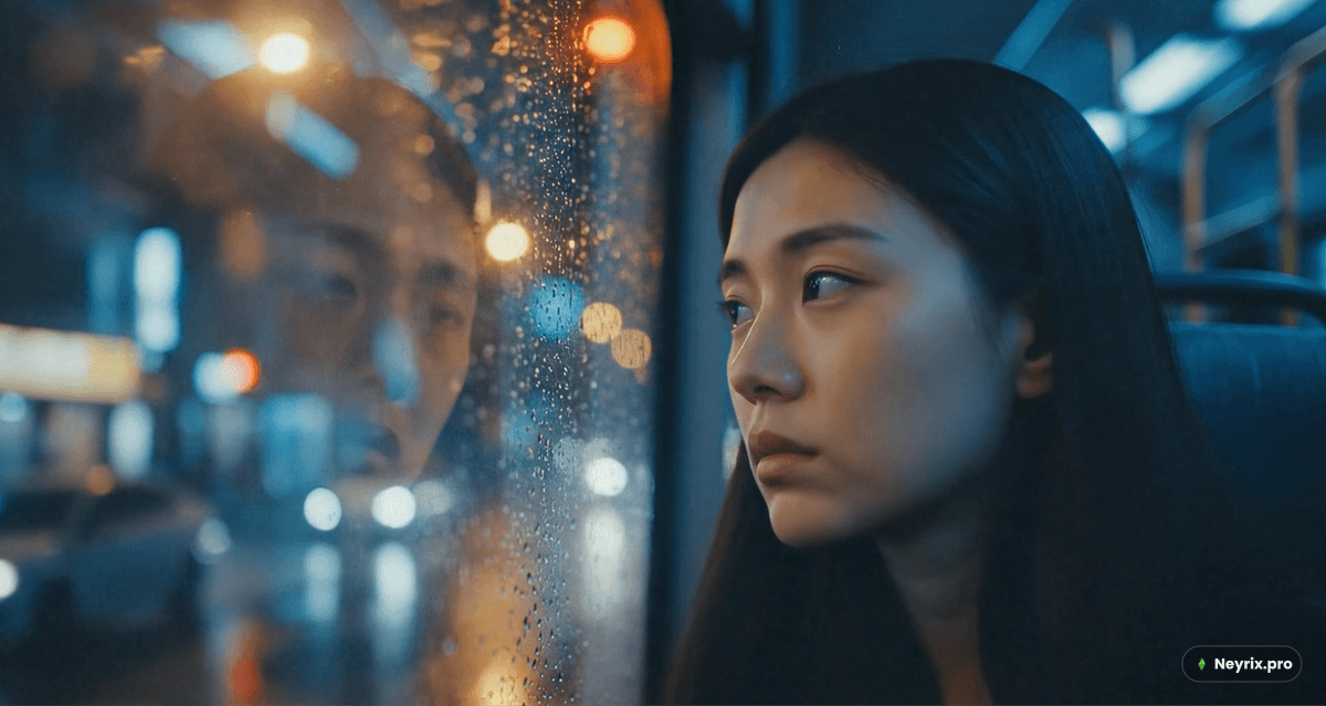 Пример shallow depth of field в Veo 3.1 — девушка смотрит в окно автобуса ночью, синий меланхоличный тон