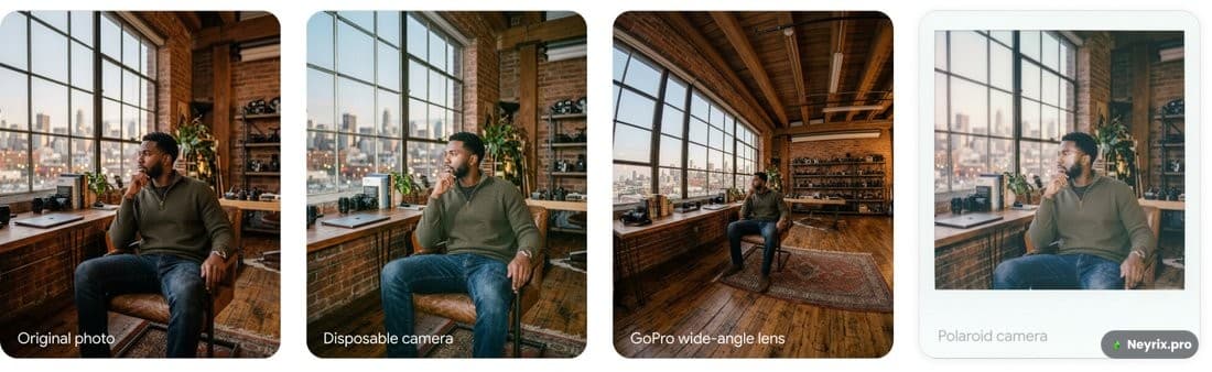 Сравнение стилей съёмки разными камерами: GoPro, Fujifilm, одноразовая камера — результаты NanoBanana 2
