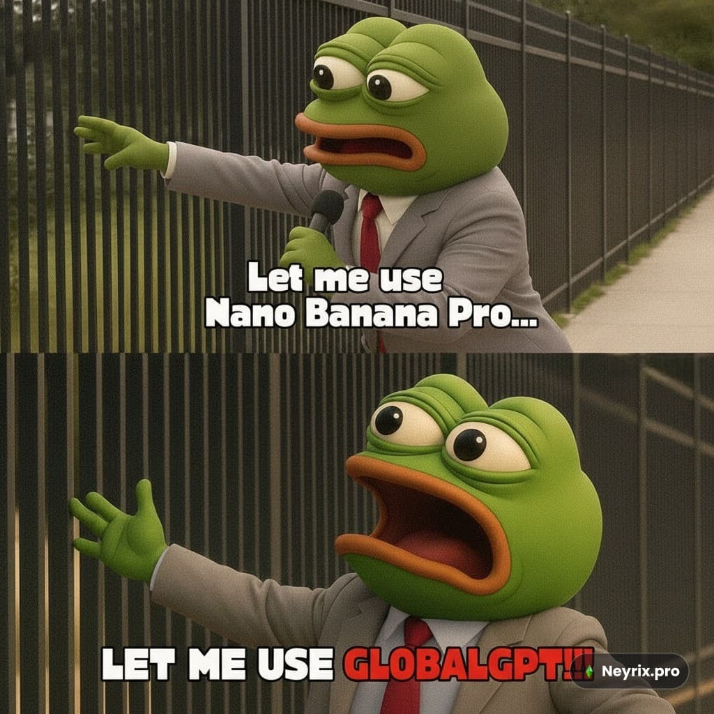 Двухпанельный мем сгенерированный NanoBanana 2 — лягушка кричит у забора