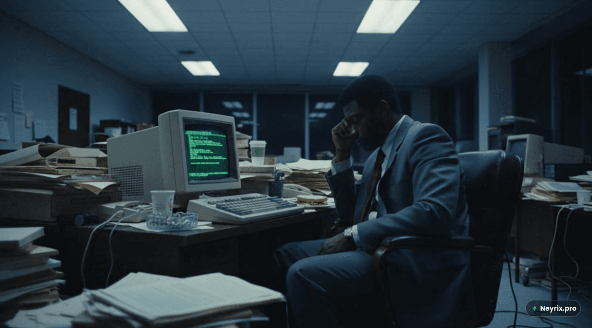 Результат генерации Veo 3.1 по формуле промпта — уставший офисный работник у компьютера 80-х