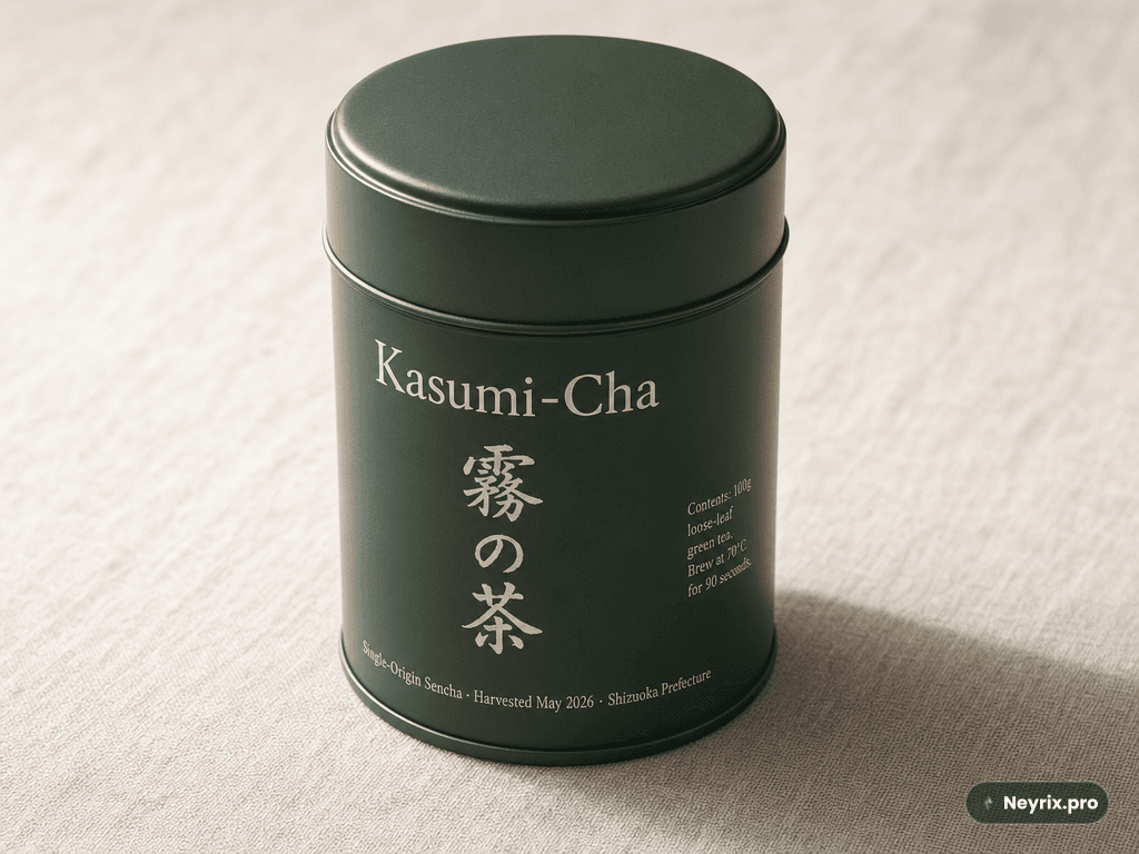 GPT Image 2.0 — студийный снимок чайной жестянки Kasumi-Cha с японскими иероглифами