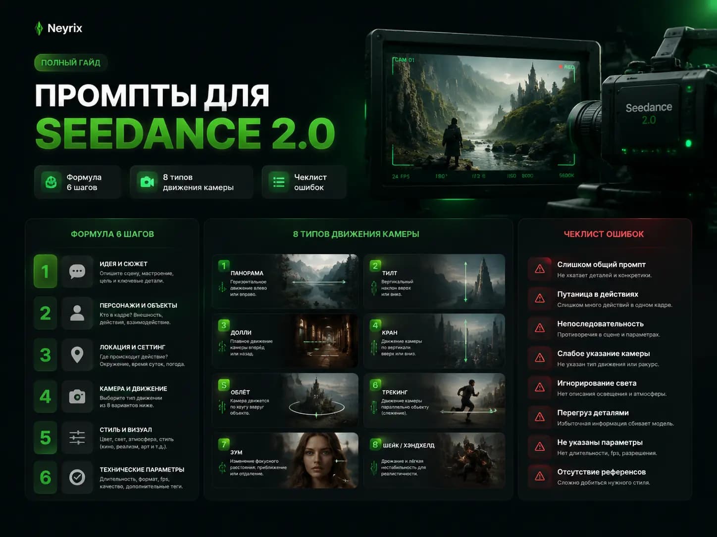 Промпты для Seedance 2.0: формула 6 шагов, 8 типов движения камеры и чеклист ошибок