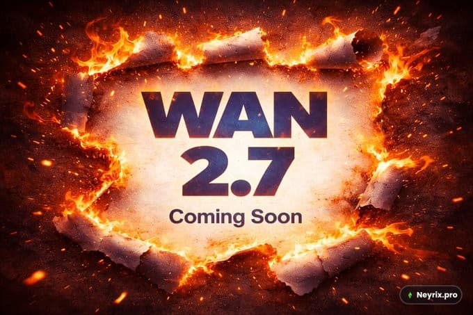 Анонс релиза WAN 2.7 с огненной графикой и надписью Coming Soon